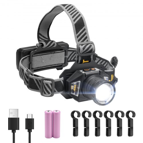 VEVOR Headlamp, Bright LED Rechargeable Headlight, Lightweight Head Flashlight with 16 Lighting Modes, Adjustable Headband & 90° Angle, Zoomable Head Lamp for Camping, Running, Hiking, Fishing