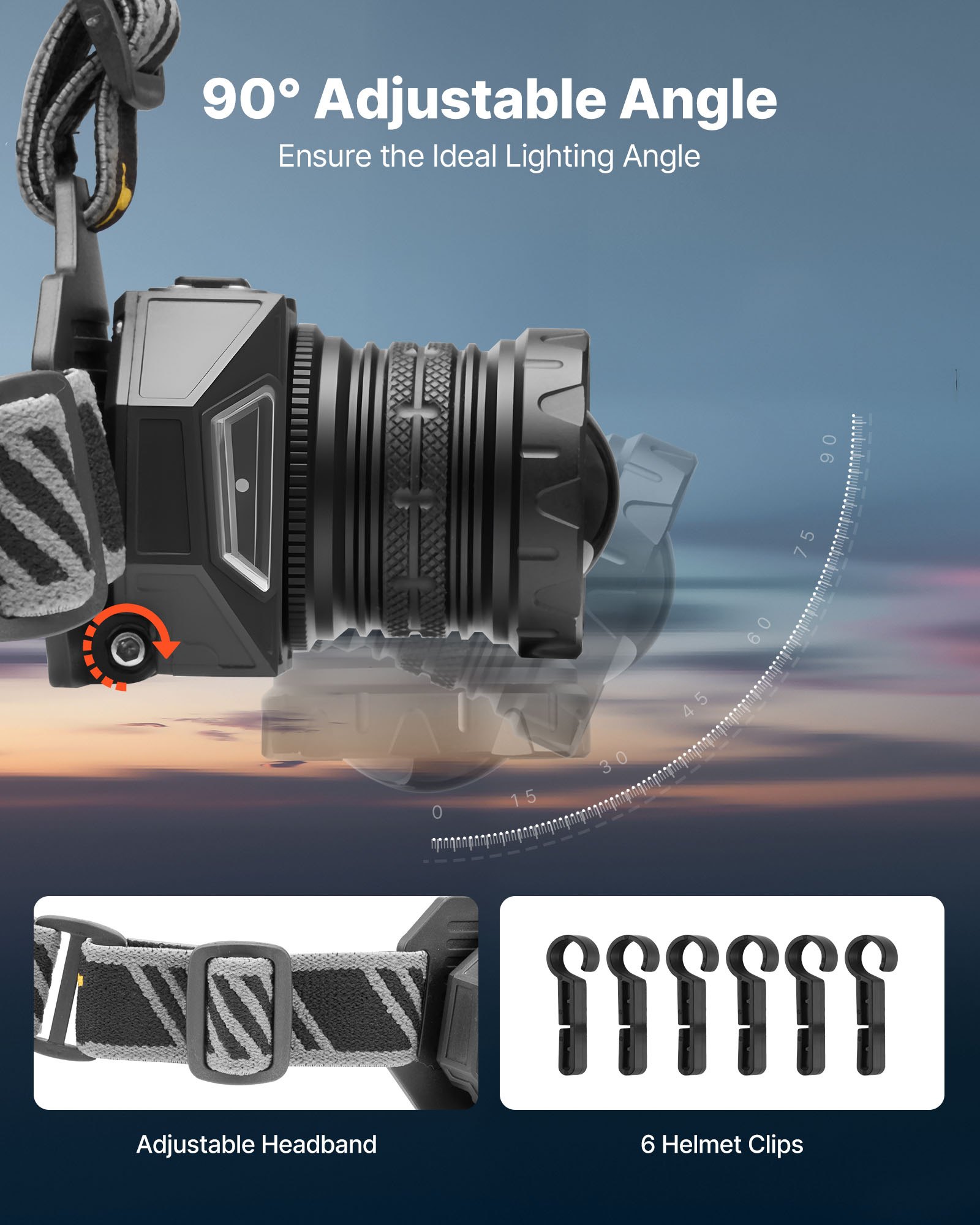 VEVOR Headlamp, Bright LED Rechargeable Headlight, Lightweight Head Flashlight with 16 Lighting Modes, Adjustable Headband & 90° Angle, Zoomable Head Lamp for Camping, Running, Hiking, Fishing