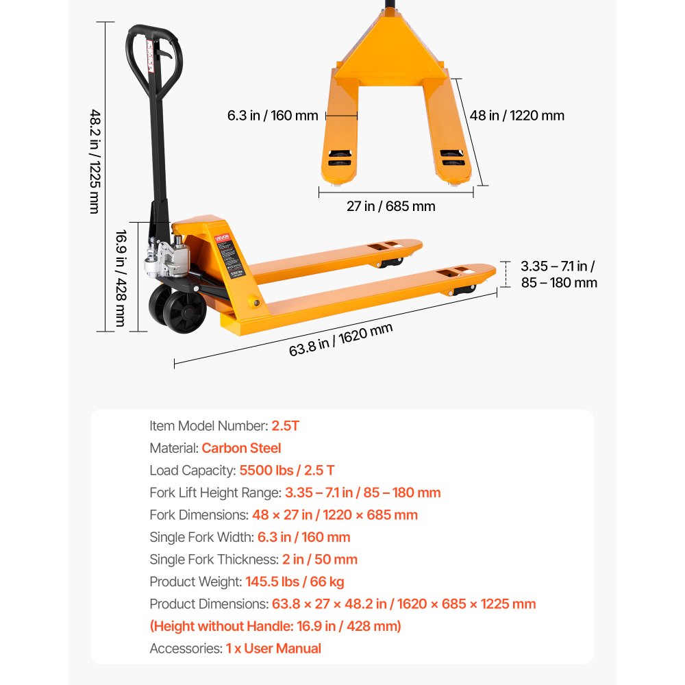 VEVOR Pallet Jack, 2.5T Load Capacity, Manual Pallet Truck with 122L x 68.6W cm Forks for Material Handling, 85-180 mm Fork Lift Height Range, Suitable for Warehouse, Supermarket, Manufacturing