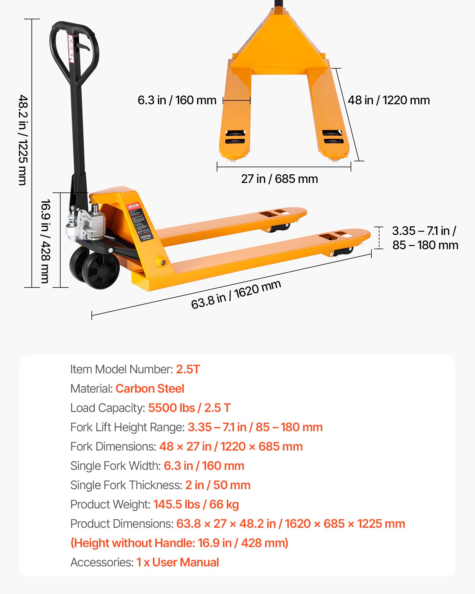VEVOR Pallet Jack, 2.5T Load Capacity, Manual Pallet Truck with 122L x 68.6W cm Forks for Material Handling, 85-180 mm Fork Lift Height Range, Suitable for Warehouse, Supermarket, Manufacturing