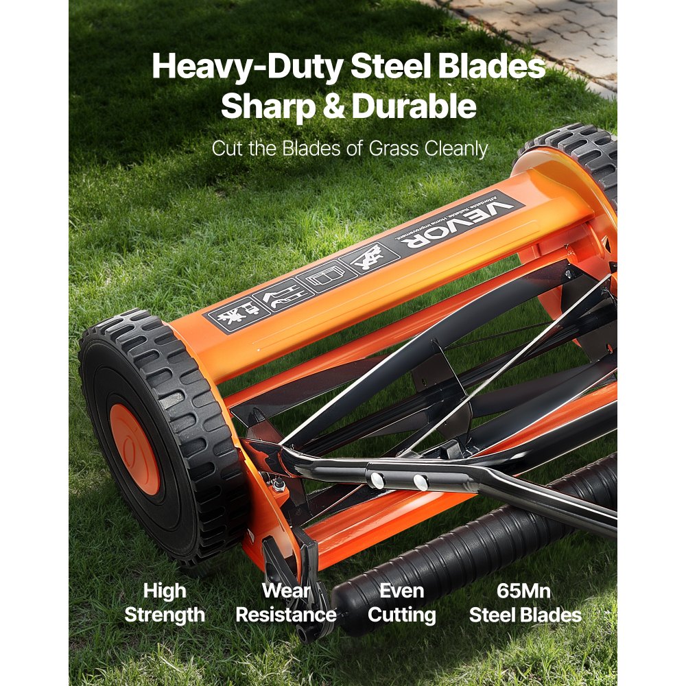 VEVOR Push Reel Lawn Mower 35 cm, 5 Blades Manual Push Mower No Motor, 15-45 mm Adjustable Cutting Height, Walk-Behind Lawn Mowers with Grass Catcher Bag for Green Lawns, Driveways, Courtyards