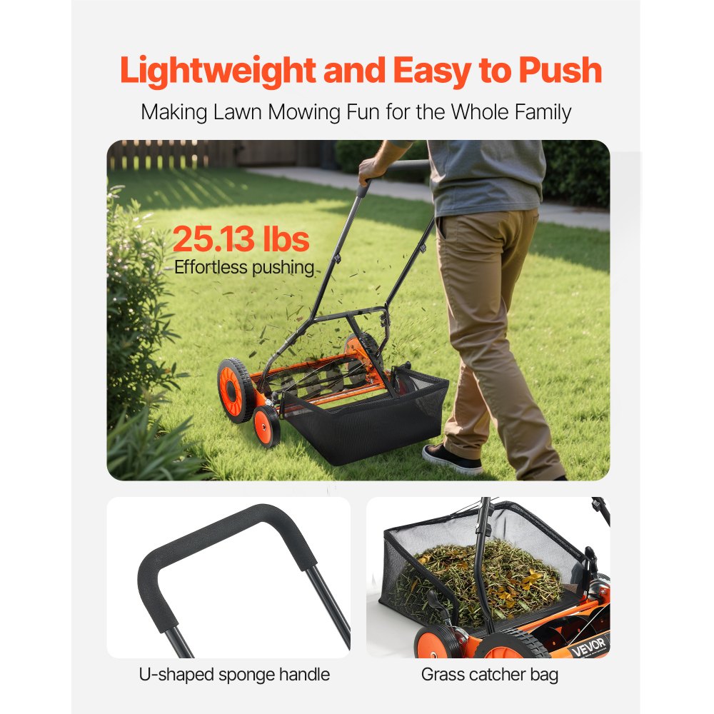 VEVOR Push Reel Lawn Mower 45 cm, 5 Blades Manual Push Mower No Motor, 35- 62mm Adjustable Cutting Height, Walk-Behind Lawn Mowers with Grass Catcher Bag for Green Lawns, Driveways, Courtyards