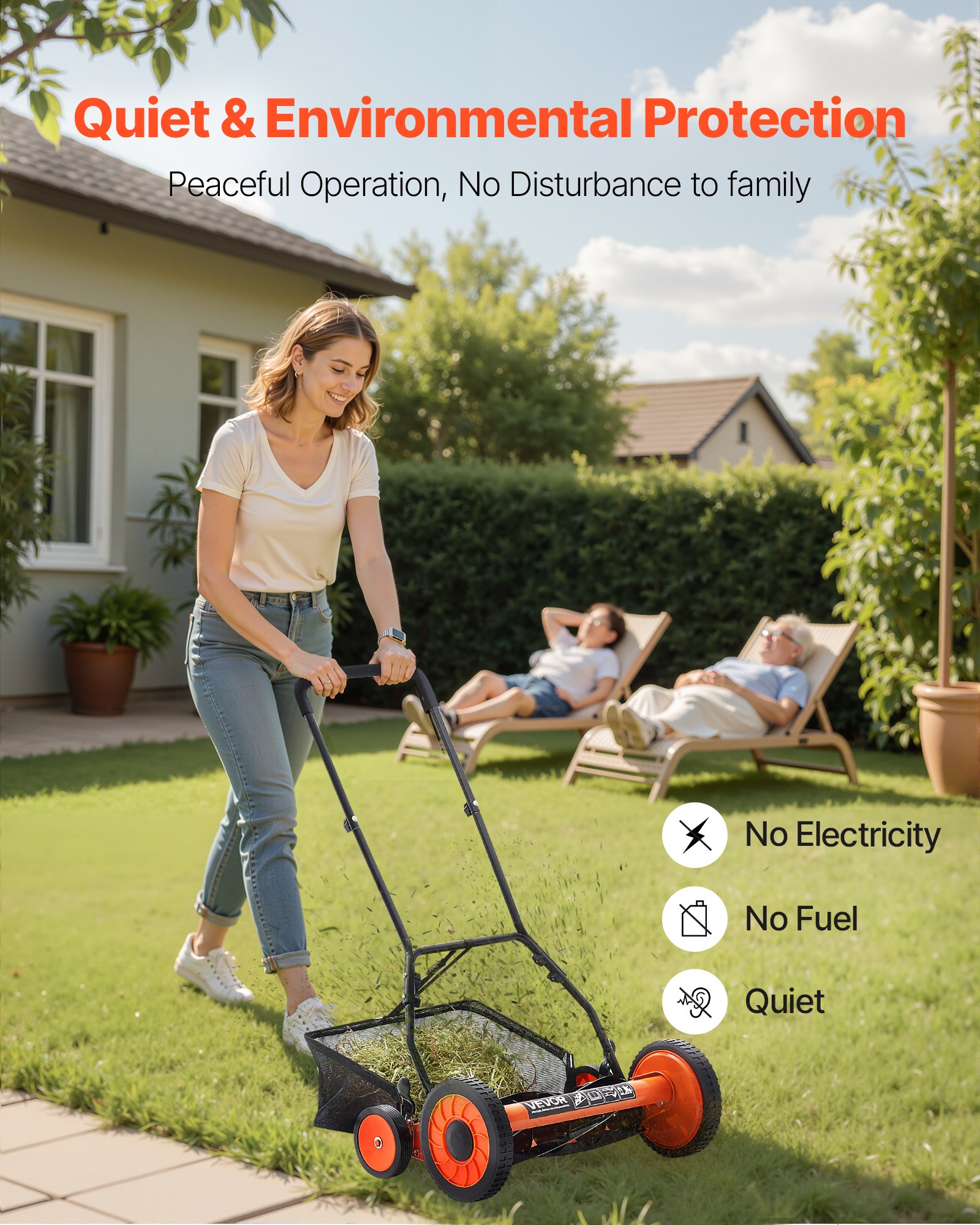 VEVOR Push Reel Lawn Mower 45 cm, 5 Blades Manual Push Mower No Motor, 35- 62mm Adjustable Cutting Height, Walk-Behind Lawn Mowers with Grass Catcher Bag for Green Lawns, Driveways, Courtyards