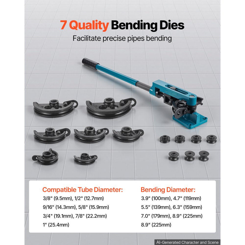 VEVOR Pipe Tube Bender, 3/8" to 1" Manual Pipe Tube Bender, with 7 Dies, Heavy Duty Tube Bender Tubing of Steel Metal Copper, for Repair Shops, Blue