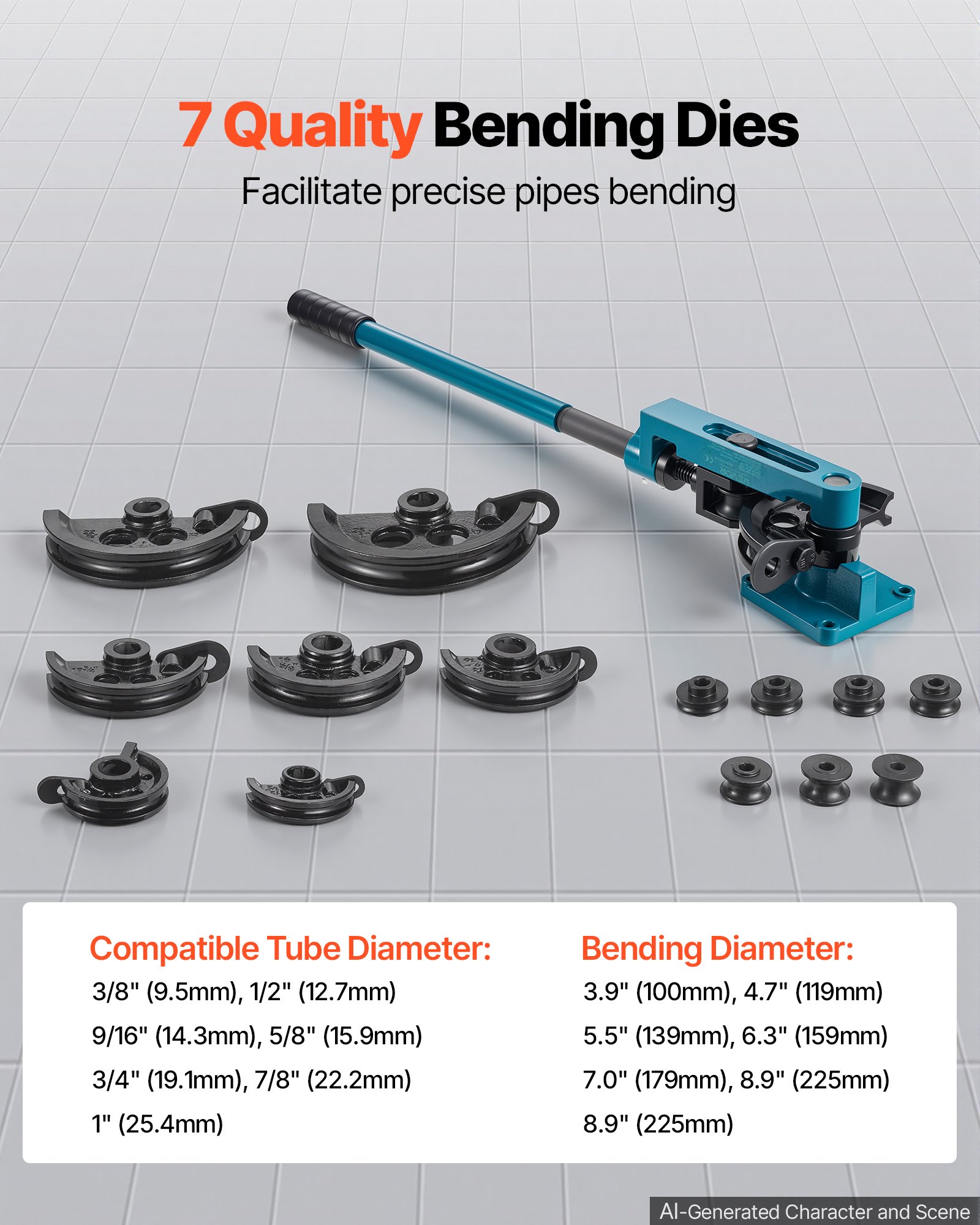 VEVOR Pipe Tube Bender, 3/8" to 1" Manual Pipe Tube Bender, with 7 Dies, Heavy Duty Tube Bender Tubing of Steel Metal Copper, for Repair Shops, Blue