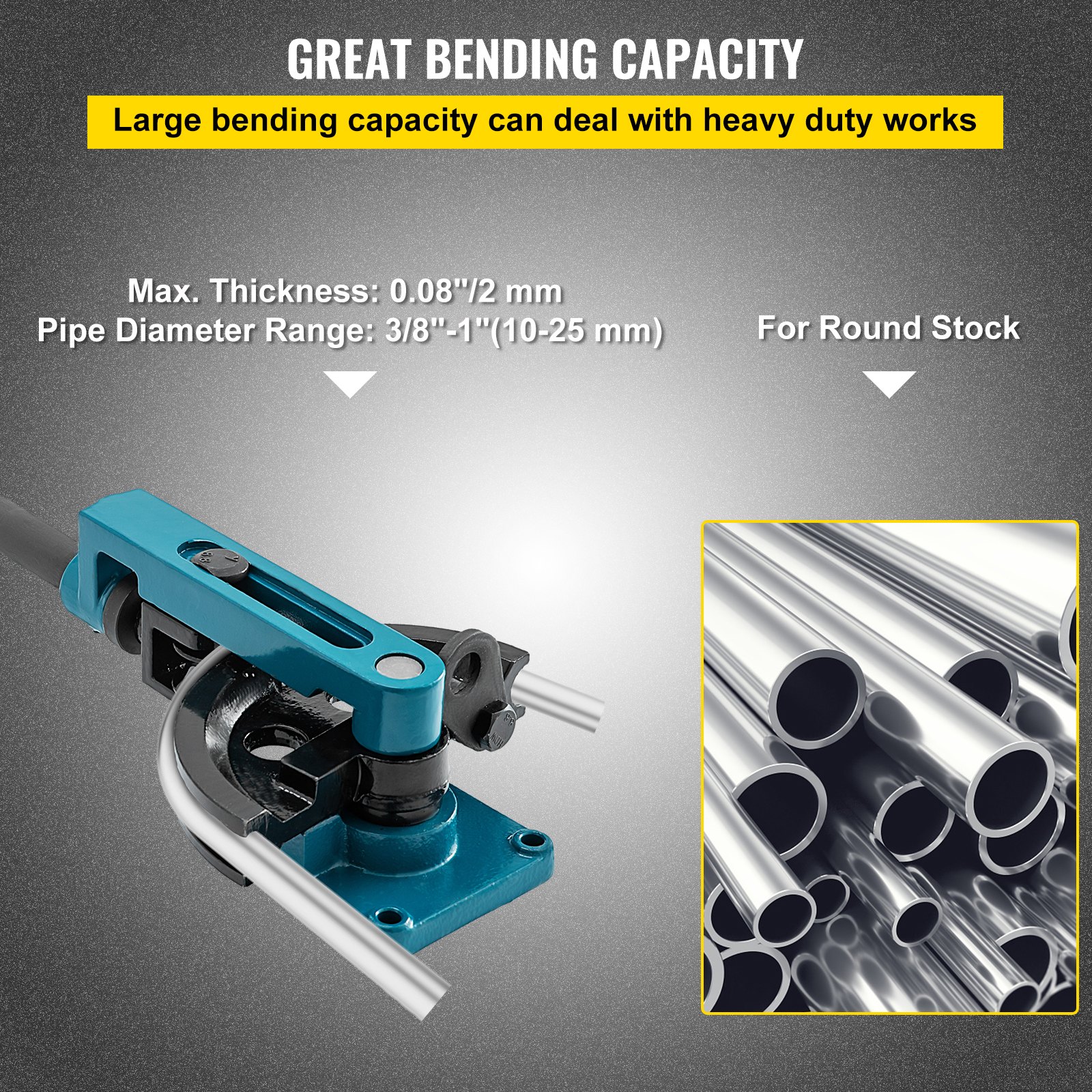 VEVOR pipe tube bender demonstrating large bending capacity and round stock capability.