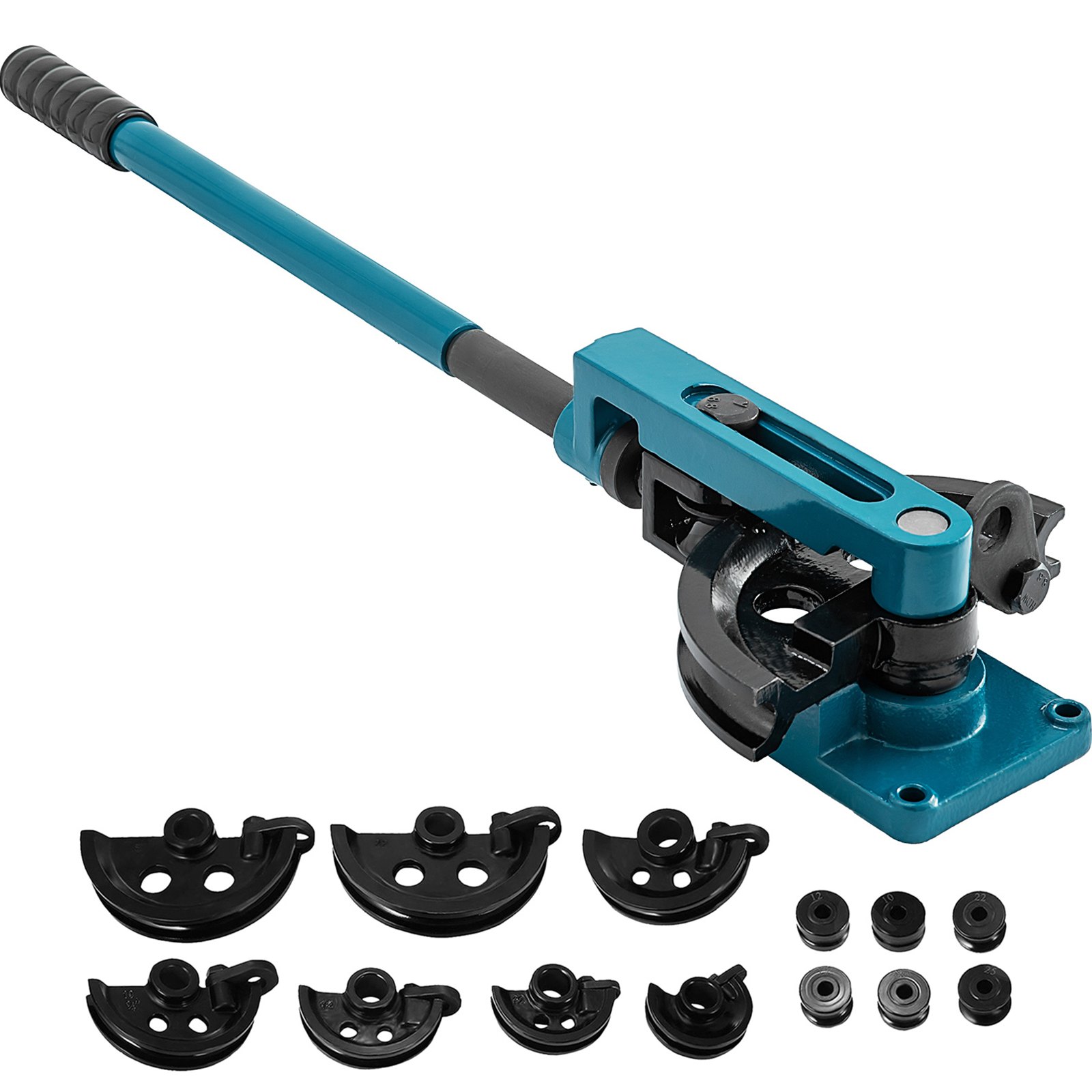 VEVOR pipe tube bender with multiple dies and accessories in black and teal.