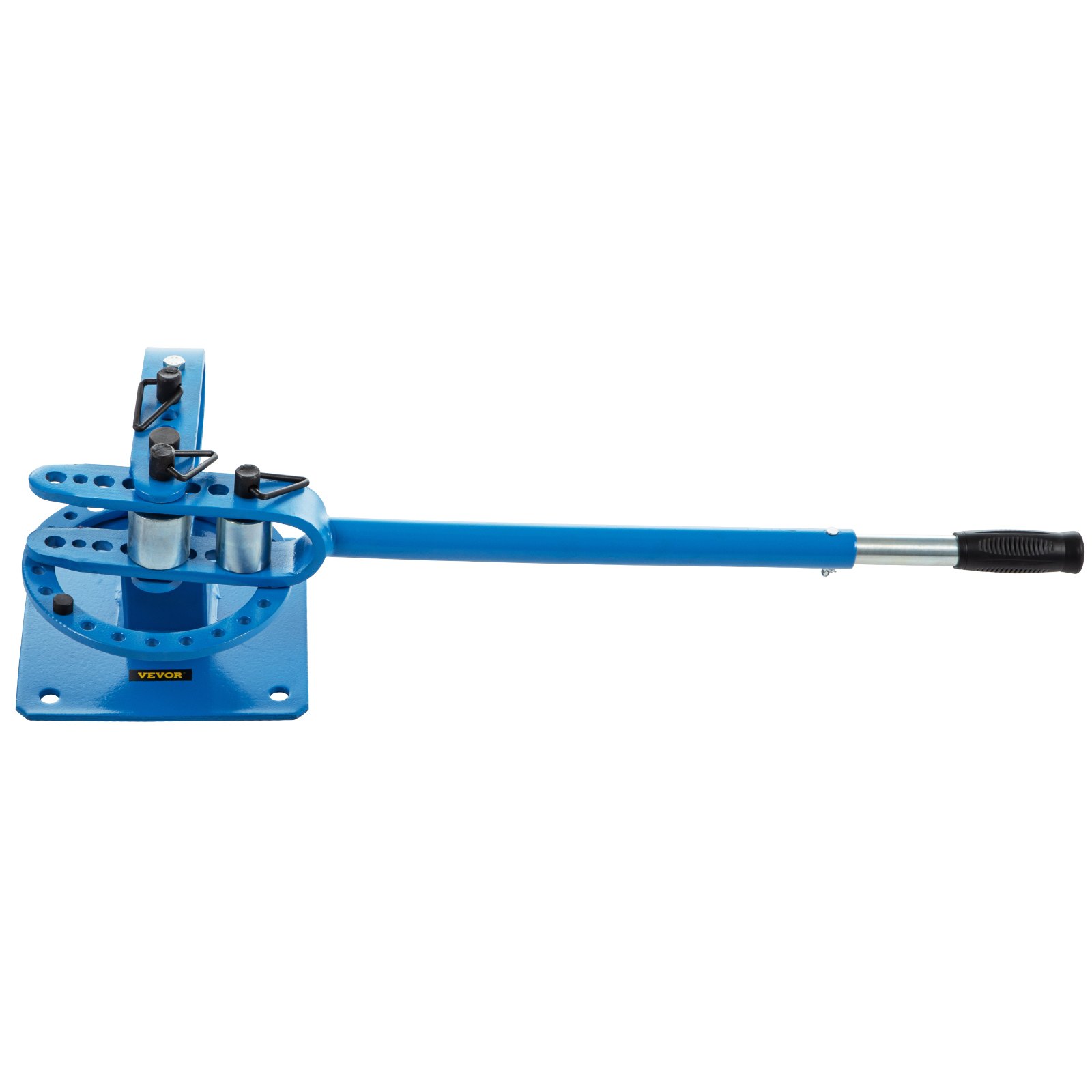 blue VEVOR metal bender with a long handle and perforated base.