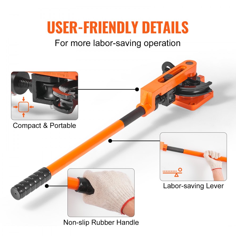 VEVOR pipe bender with labor-saving lever, non-slip rubber handle, and compact design.