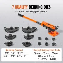 VEVOR Pipe Tube Bender, 3/8" to 1" OD Manual Pipe Tube Bender with 7 Bending Dies, 180° Copper Aluminum Pipes Bending Tools for HVAC Air Conditioning Refrigerator Auto Repair