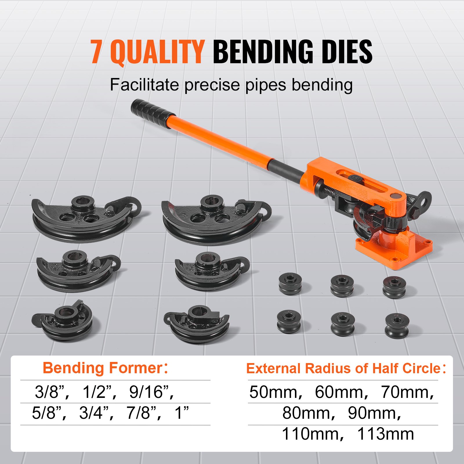 VEVOR pipe bender with 7 quality bending dies and varying radius formers for precise pipe bending.