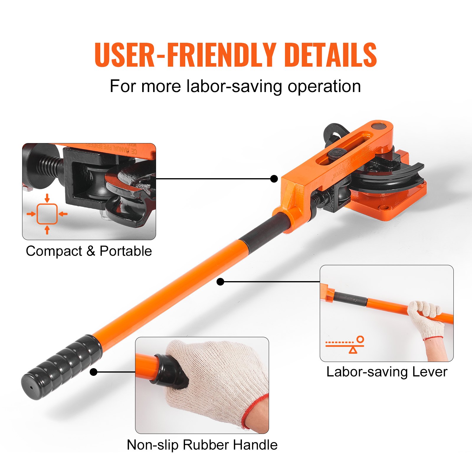VEVOR pipe bender with labor-saving lever, non-slip rubber handle, and compact design.