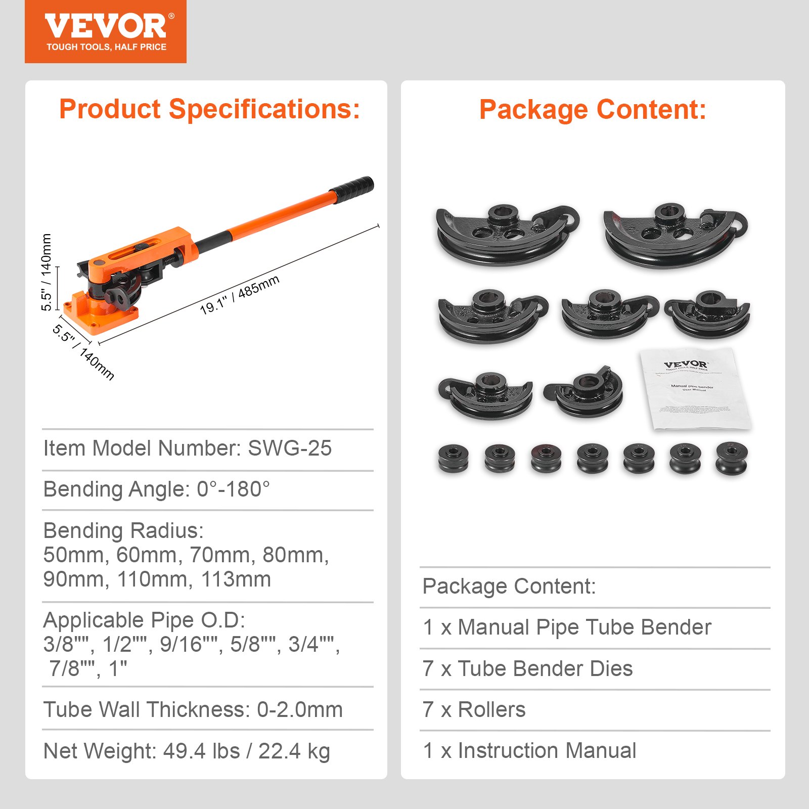 VEVOR pipe bender swg-25, bending angle 0°-180°, includes 7 dies, 7 rollers, and instruction manual.