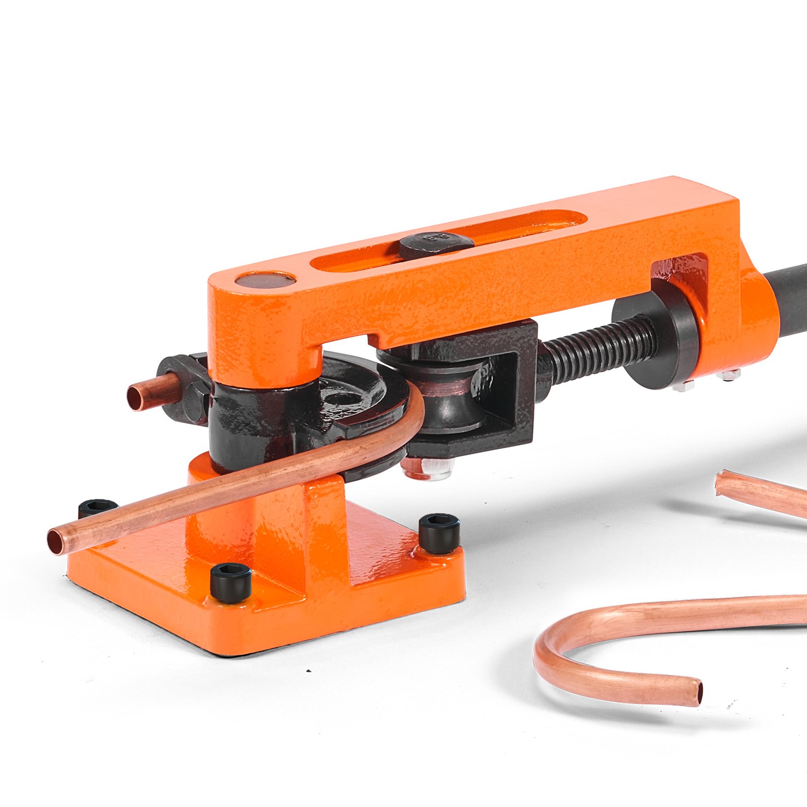 VEVOR pipe bender in action bending a copper pipe, featuring a sturdy orange and black frame.