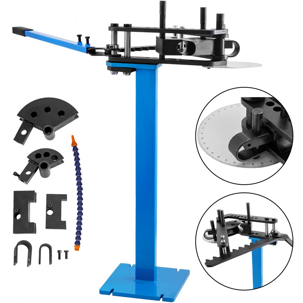 VEVOR tube bender mounted on a blue stand with various accessory components.