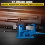 VEVOR rebar bender, blue heavy-duty tool for bending steel material with background machinery.