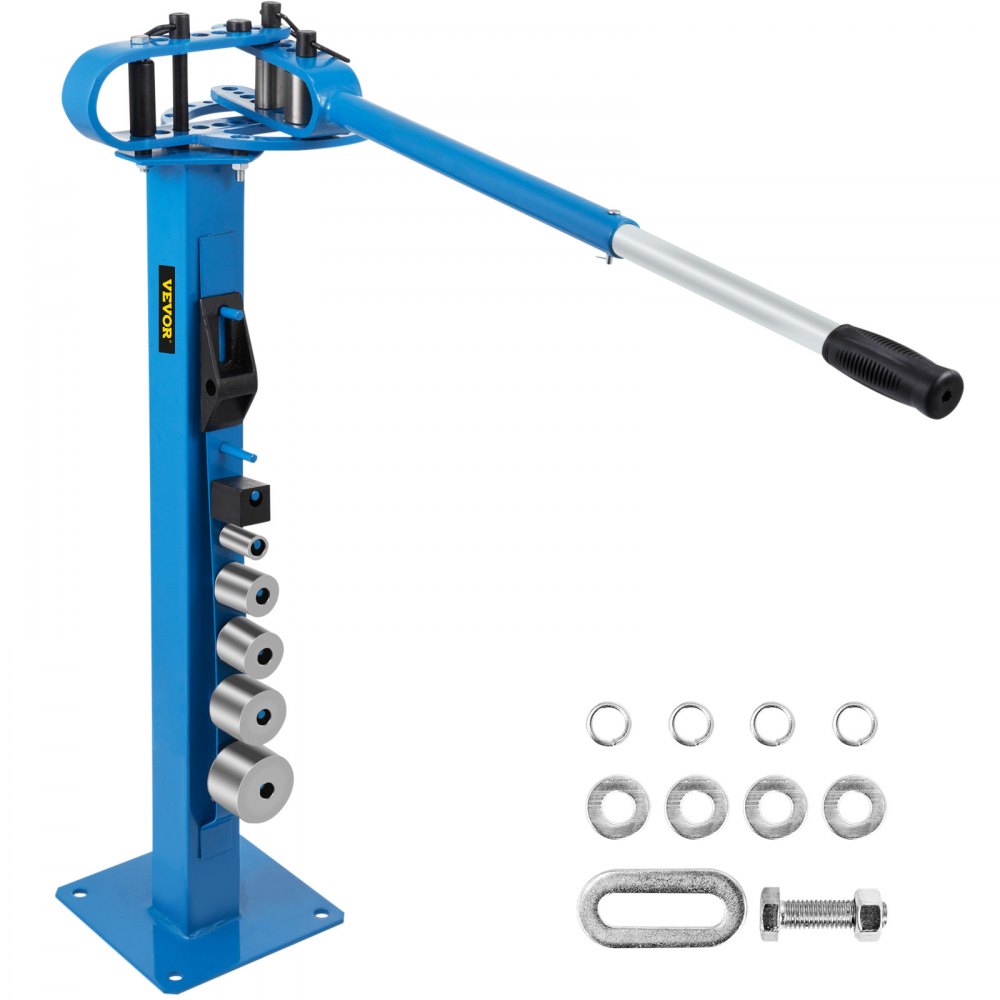 VEVOR metal bender with blue frame and handle, includes metal rings and fittings.