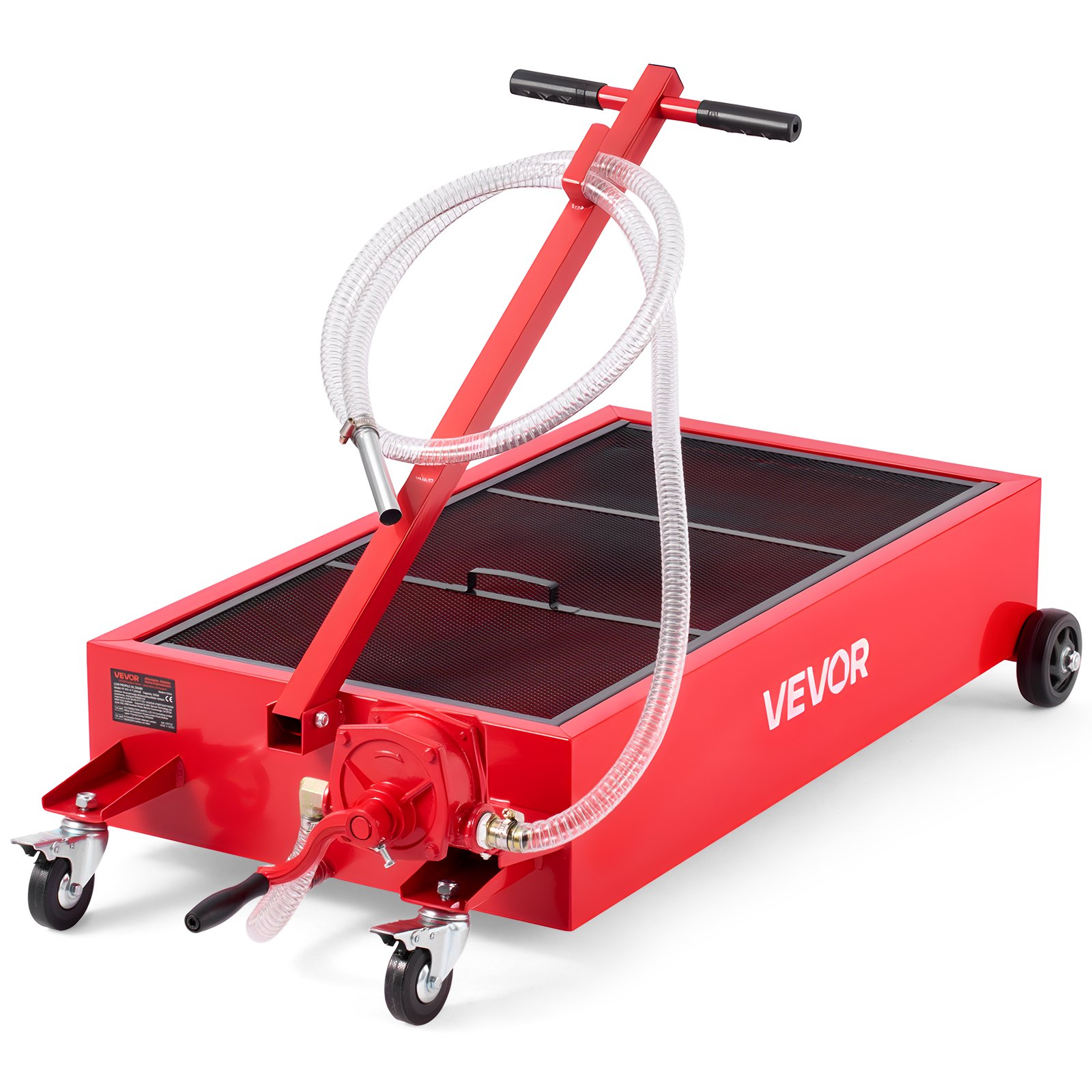 VEVOR Low Profile Oil Drain Pan, 75.7 L Capacity, Rolling Oil Drain Pan with Manual Pump, 2.2 m Hose & T Folding Handle, Leak-proof & Corrosion-resistant, Fit for Cars, SUVs, Trucks, ATVs, Red