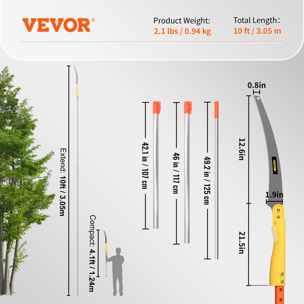 VEVOR Tree Pruner, 10 ft Extendable Pole Saw, Sharp 65Mn Steel Blade for High Branches Trimming, Manual Branch Trimmer with Telescoping Lightweight Aluminum Handle, for Pruning Palms and Shrubs