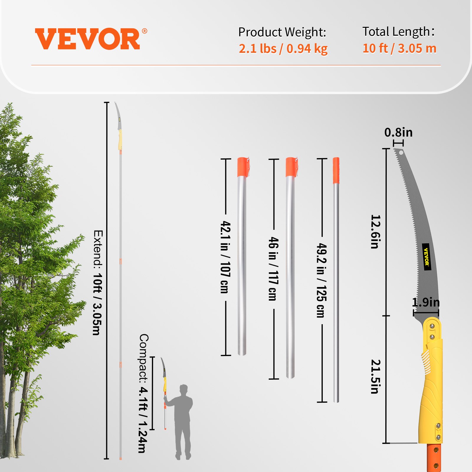 VEVOR Tree Pruner, 10 ft Extendable Pole Saw, Sharp 65Mn Steel Blade for High Branches Trimming, Manual Branch Trimmer with Telescoping Lightweight Aluminum Handle, for Pruning Palms and Shrubs