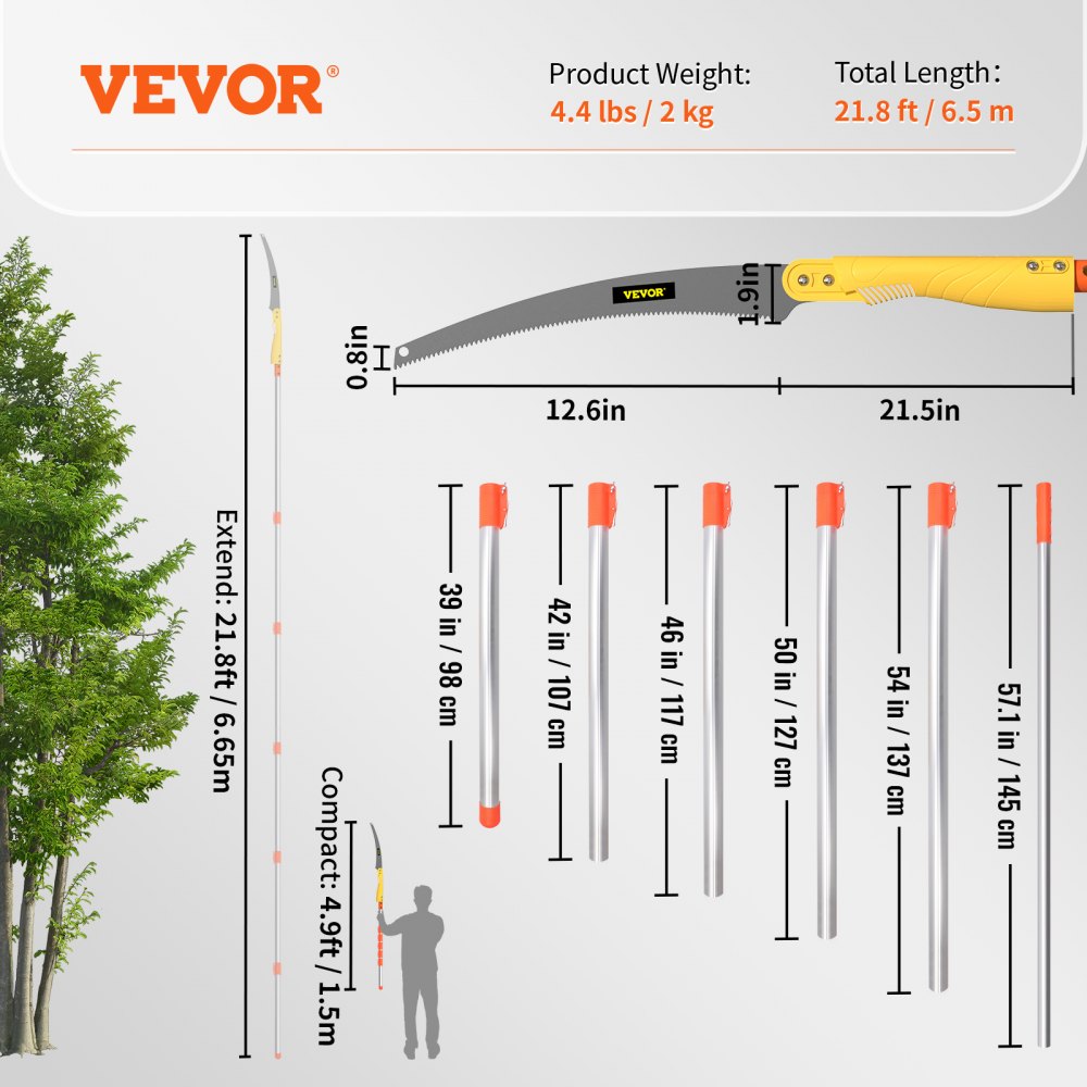 VEVOR Tree Pruner Pole Saw 21.8 ft Extendable Aluminum Pole Sharp Steel Blade