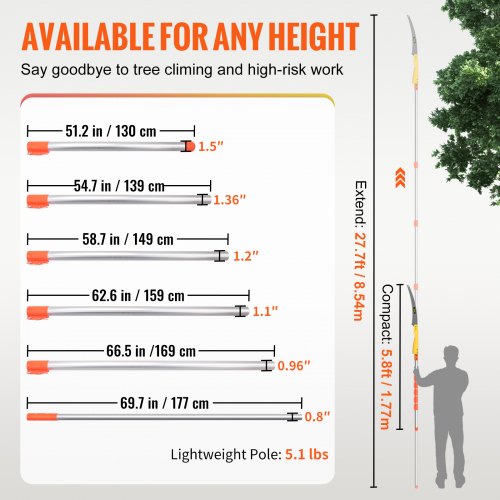 VEVOR Tree Pruner Pole Saw 27.7 ft Extendable Aluminum Pole Sharp Steel Blade