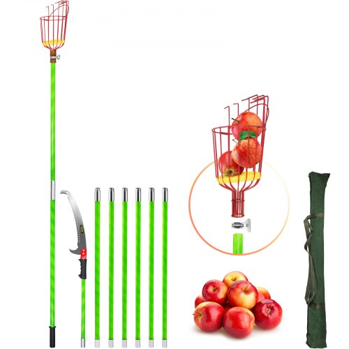 VEVOR 26 FT Pole Saw with Head Bracket, Height Adjustable Telescoping Fruit Picker Tool and Tree Pruner, Lightweight Apple, Mango, Orange Harvesting Catcher, Green
