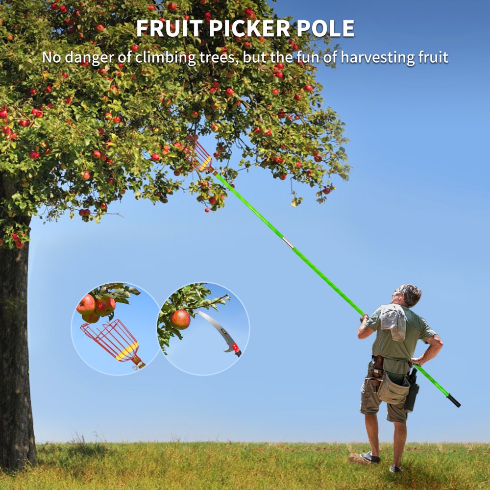 VEVOR 26 FT Pole Saw with Head Bracket, Height Adjustable Telescoping Fruit Picker Tool and Tree Pruner, Lightweight Apple, Mango, Orange Harvesting Catcher, Green