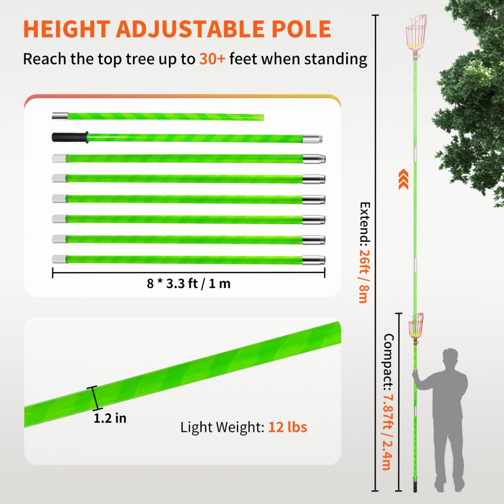 VEVOR 26 FT Pole Saw with Head Bracket, Height Adjustable Telescoping Fruit Picker Tool and Tree Pruner, Lightweight Apple, Mango, Orange Harvesting Catcher, Green