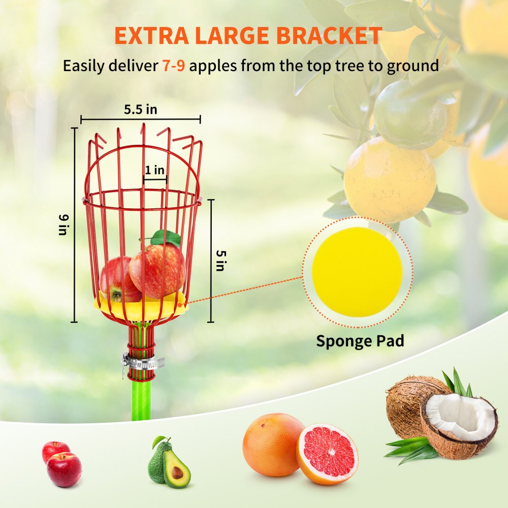 VEVOR 26 FT Pole Saw with Head Bracket, Height Adjustable Telescoping Fruit Picker Tool and Tree Pruner, Lightweight Apple, Mango, Orange Harvesting Catcher, Green