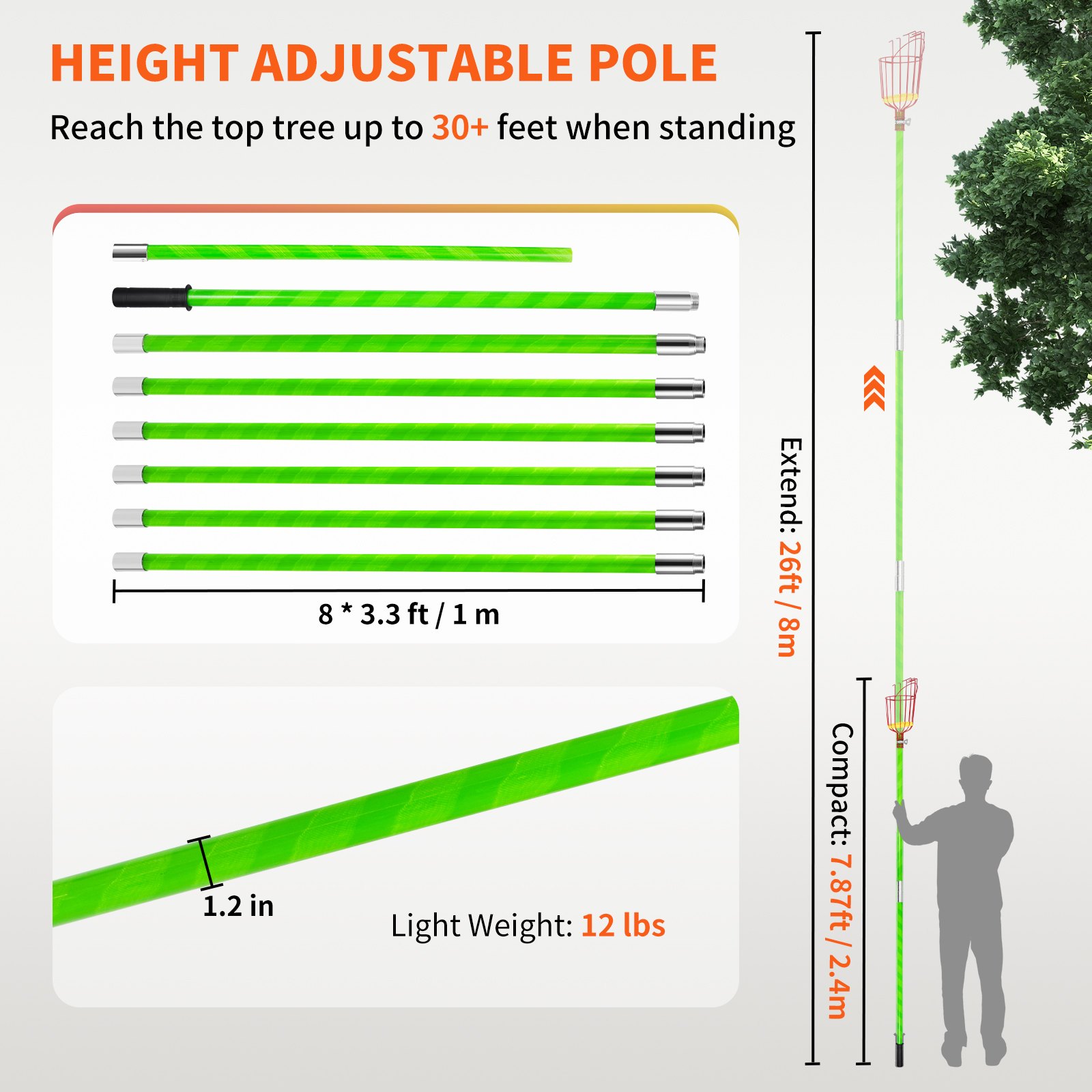 VEVOR 26 FT Pole Saw with Head Bracket, Height Adjustable Telescoping Fruit Picker Tool and Tree Pruner, Lightweight Apple, Mango, Orange Harvesting Catcher, Green