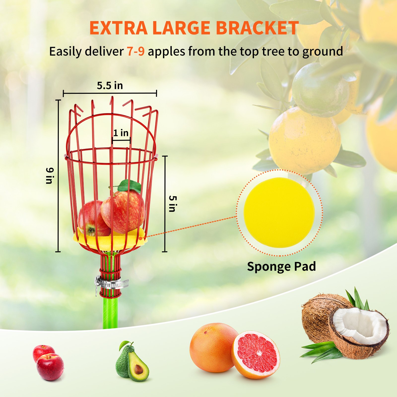 VEVOR 26 FT Pole Saw with Head Bracket, Height Adjustable Telescoping Fruit Picker Tool and Tree Pruner, Lightweight Apple, Mango, Orange Harvesting Catcher, Green