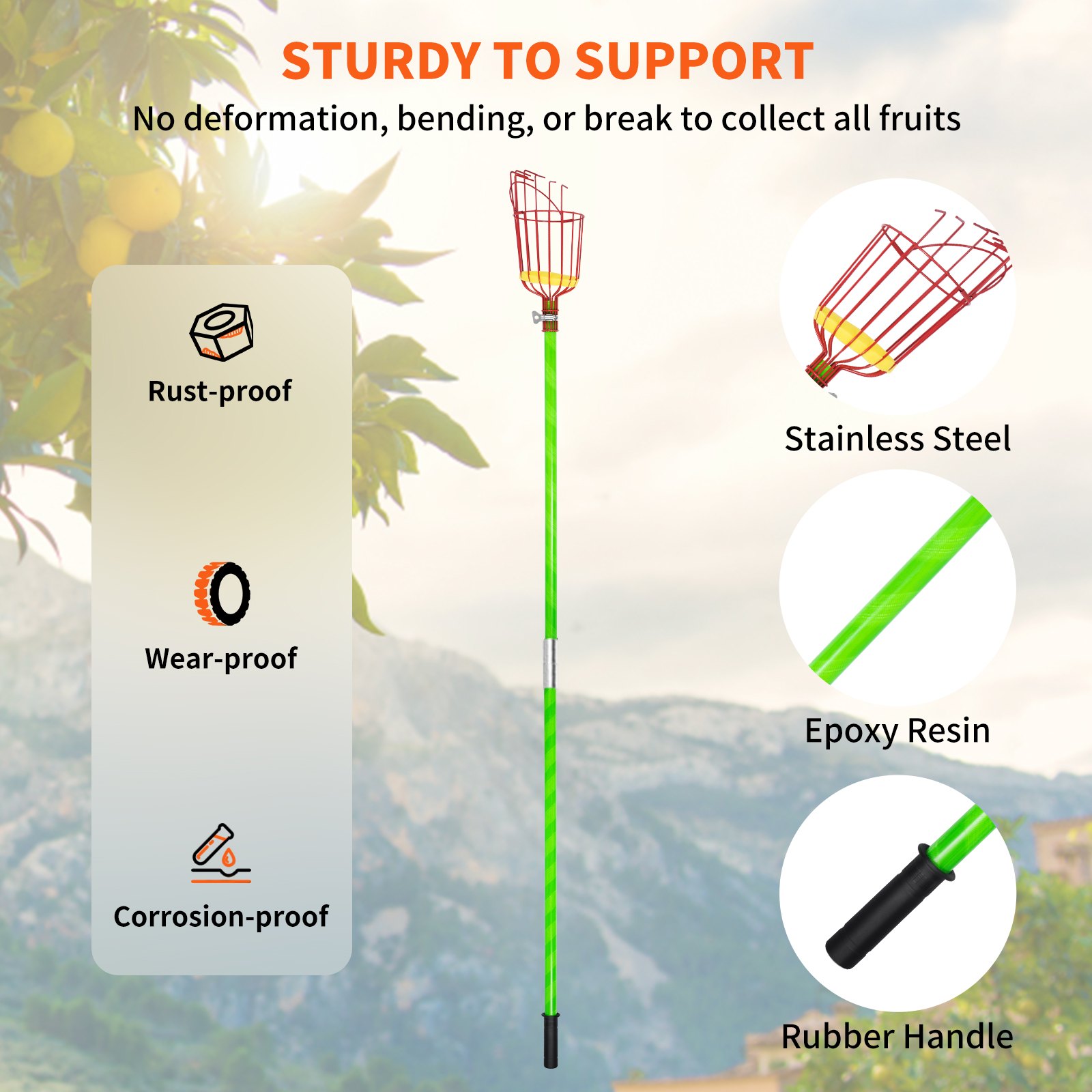 VEVOR 26 FT Pole Saw with Head Bracket, Height Adjustable Telescoping Fruit Picker Tool and Tree Pruner, Lightweight Apple, Mango, Orange Harvesting Catcher, Green