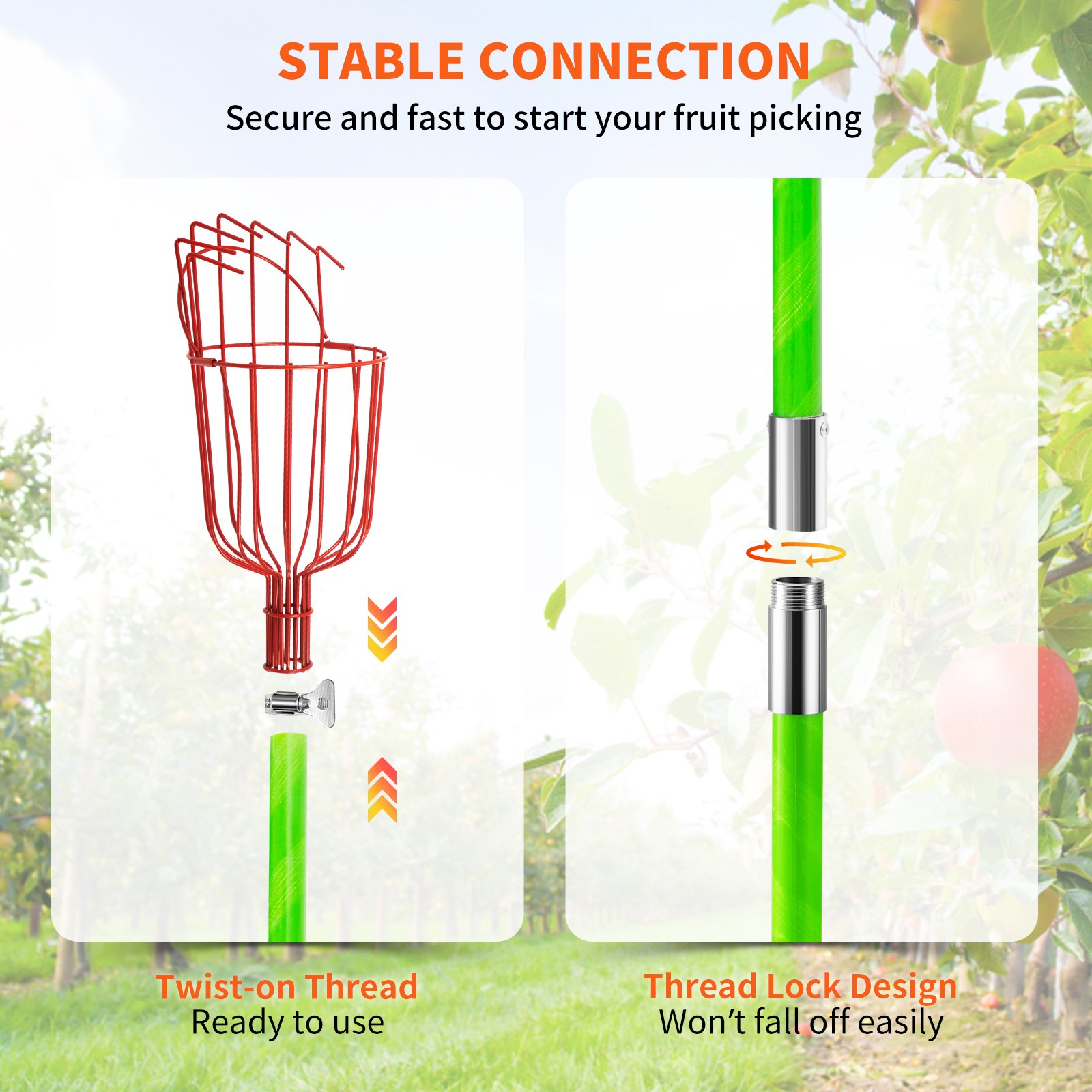 VEVOR 26 FT Pole Saw with Head Bracket, Height Adjustable Telescoping Fruit Picker Tool and Tree Pruner, Lightweight Apple, Mango, Orange Harvesting Catcher, Green