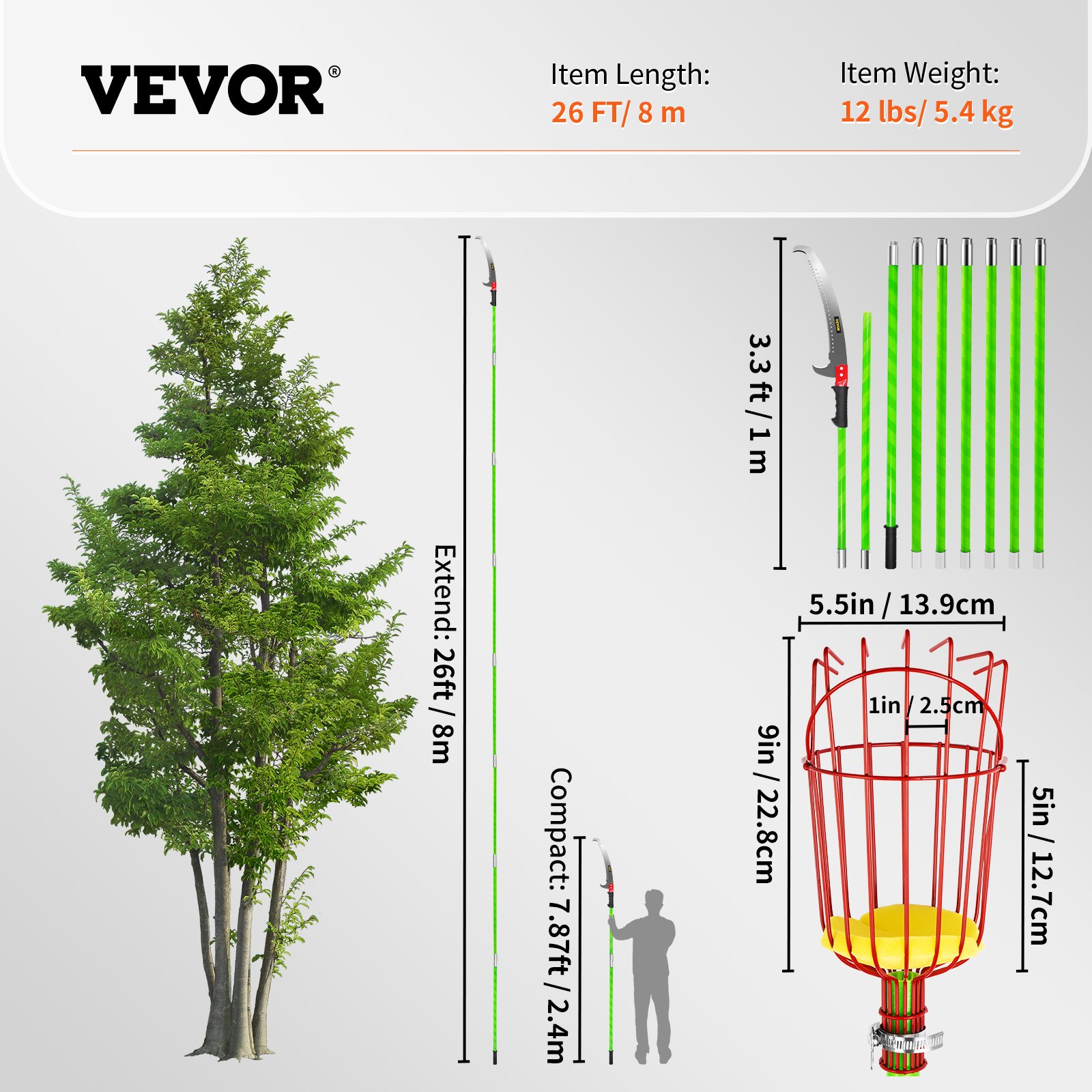 VEVOR 26 FT Pole Saw with Head Bracket, Height Adjustable Telescoping Fruit Picker Tool and Tree Pruner, Lightweight Apple, Mango, Orange Harvesting Catcher, Green