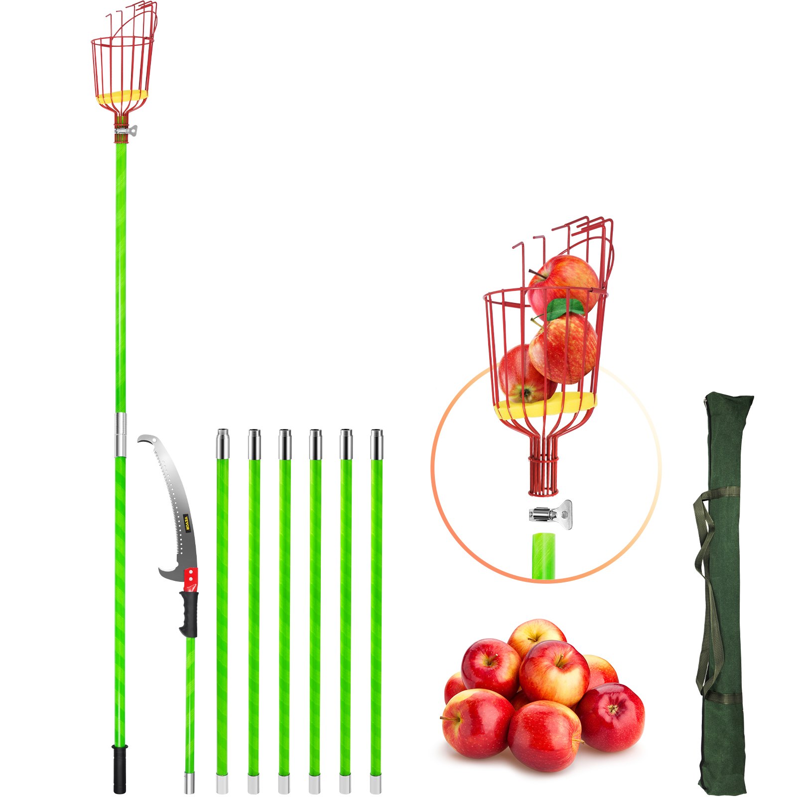 VEVOR 26 FT Pole Saw with Head Bracket, Height Adjustable Telescoping Fruit Picker Tool and Tree Pruner, Lightweight Apple, Mango, Orange Harvesting Catcher, Green