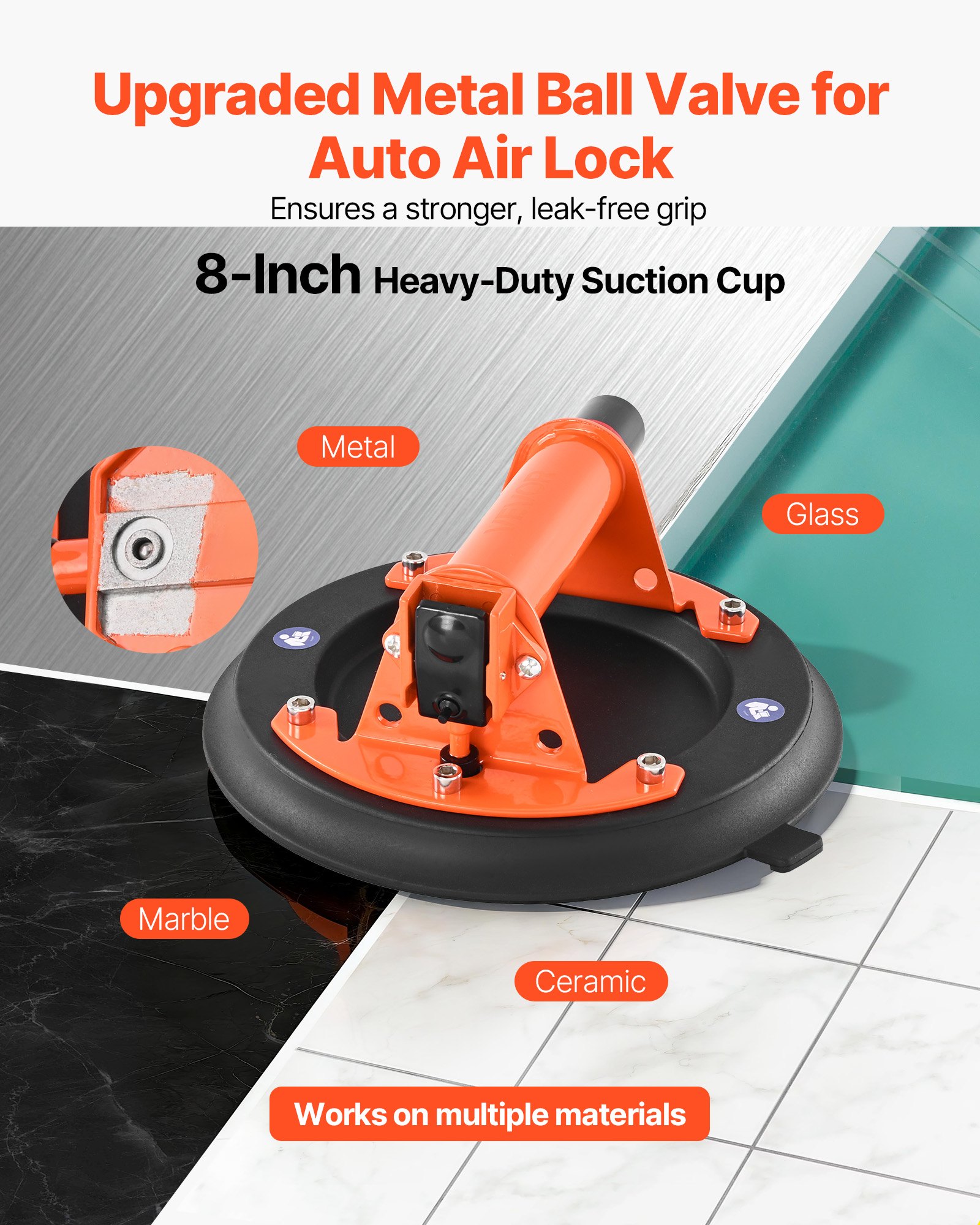 VEVOR Vacuum Suction Cup, 203 mm Vacuum Glass Lifter with Metal Handle, 195 kg Max Lifting Capacity Tile Suction Cup Tool with Carrying Case for Lifting Large Tile, Granite, Drywall, Windows (2-Pack)