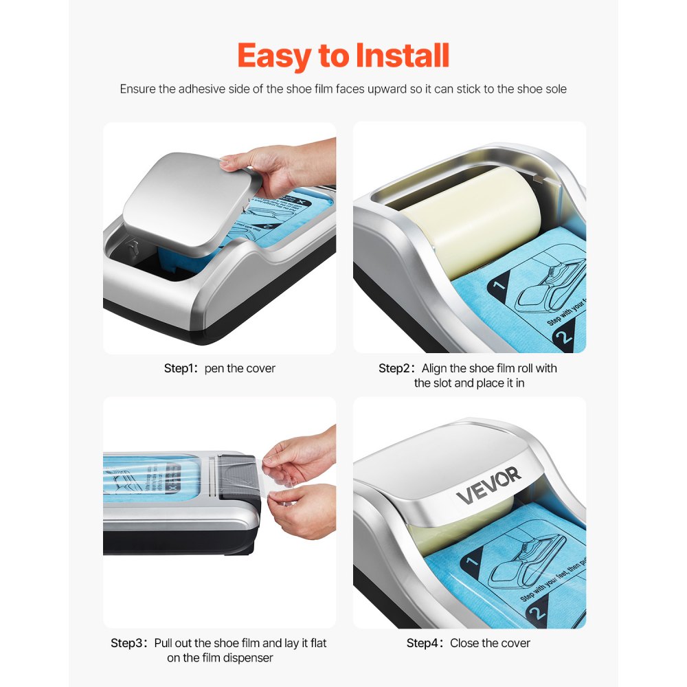 VEVOR Shoe Cover Dispenser, Automatic Shoe Film Machine with 1 Roll (600 Pcs) of Non-Slip Disposable Sole Membrane, Fits Size Up to US 11, for Home, Office, Lab, Factory, Hospital, Indoor Use, Silver