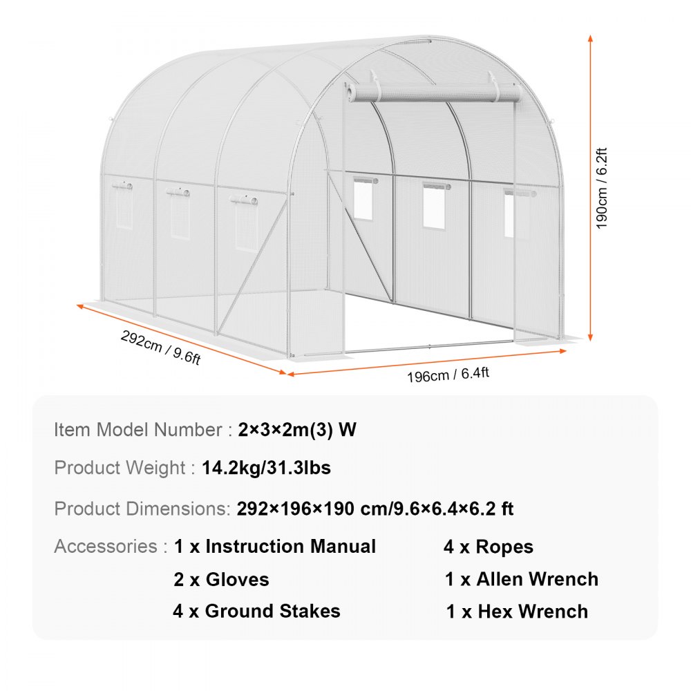 VEVOR Walk-in Tunnel Greenhouse 2.9x2x1.9 m Galvanized Frame PE Cover White