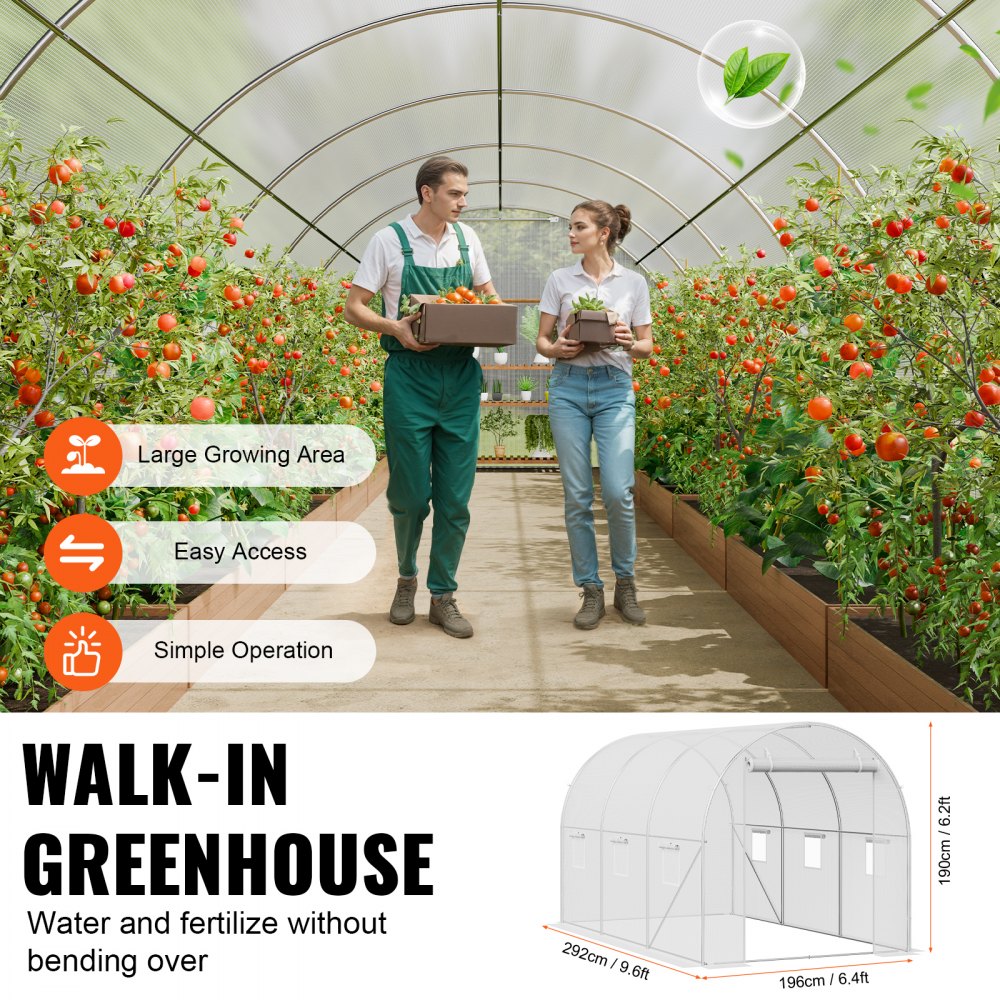 VEVOR Walk-in Tunnel Greenhouse, 9.6x6.4x6.2 ft Hoop House Greenhouse Tunnel, Plant Hot House with Galvanized Steel Frame, White PE Cover, Roll-up Zipper Door and 6 Windows for Outdoor