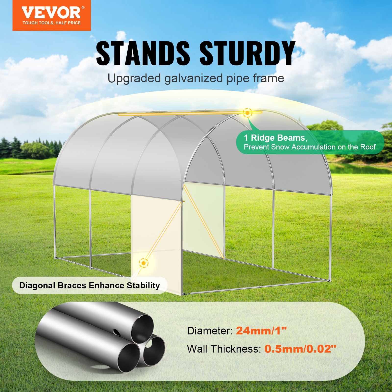VEVOR Walk-in Tunnel Greenhouse 2.9x2x1.9 m Galvanized Frame PE Cover White