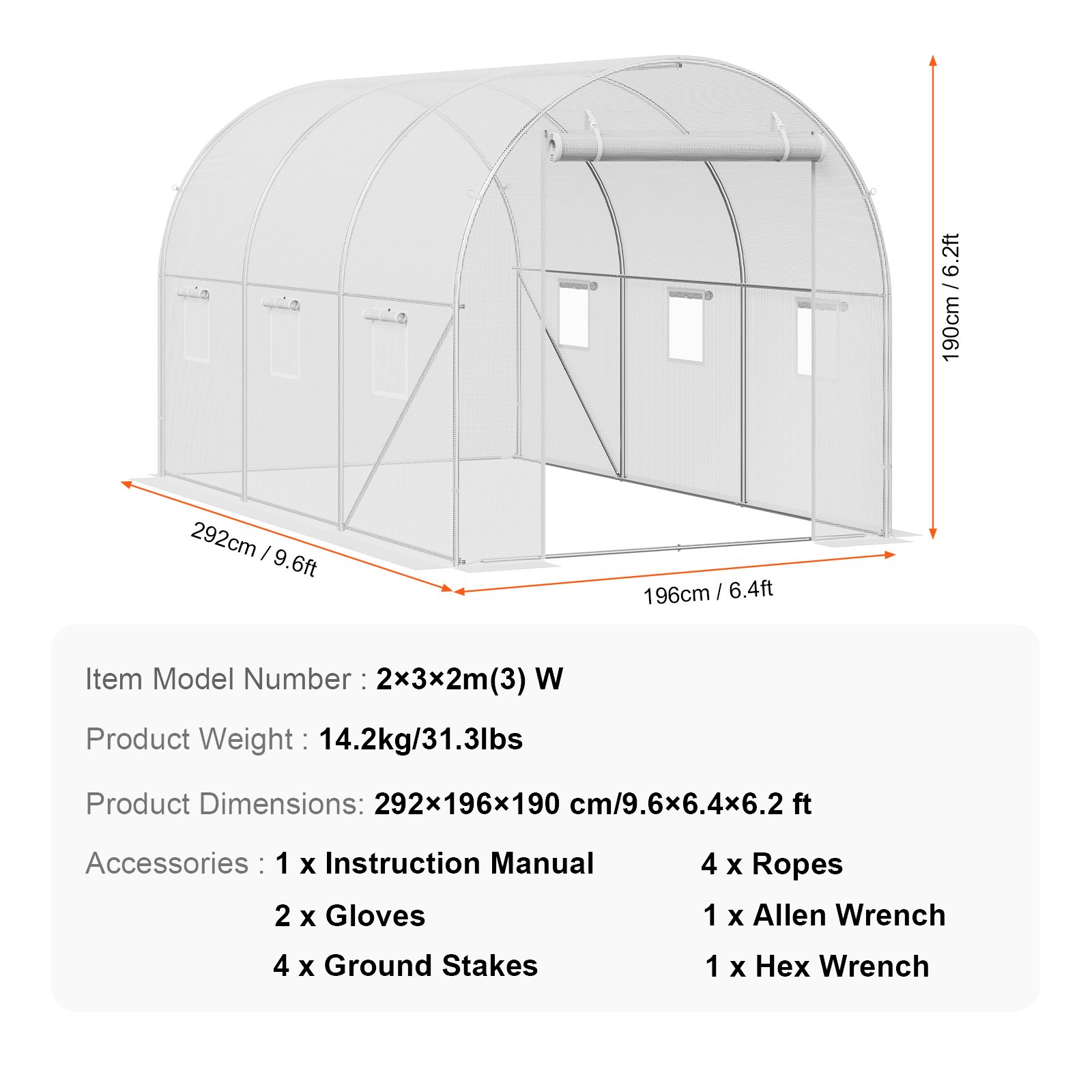 VEVOR Walk-in Tunnel Greenhouse 2.9x2x1.9 m Galvanized Frame PE Cover White
