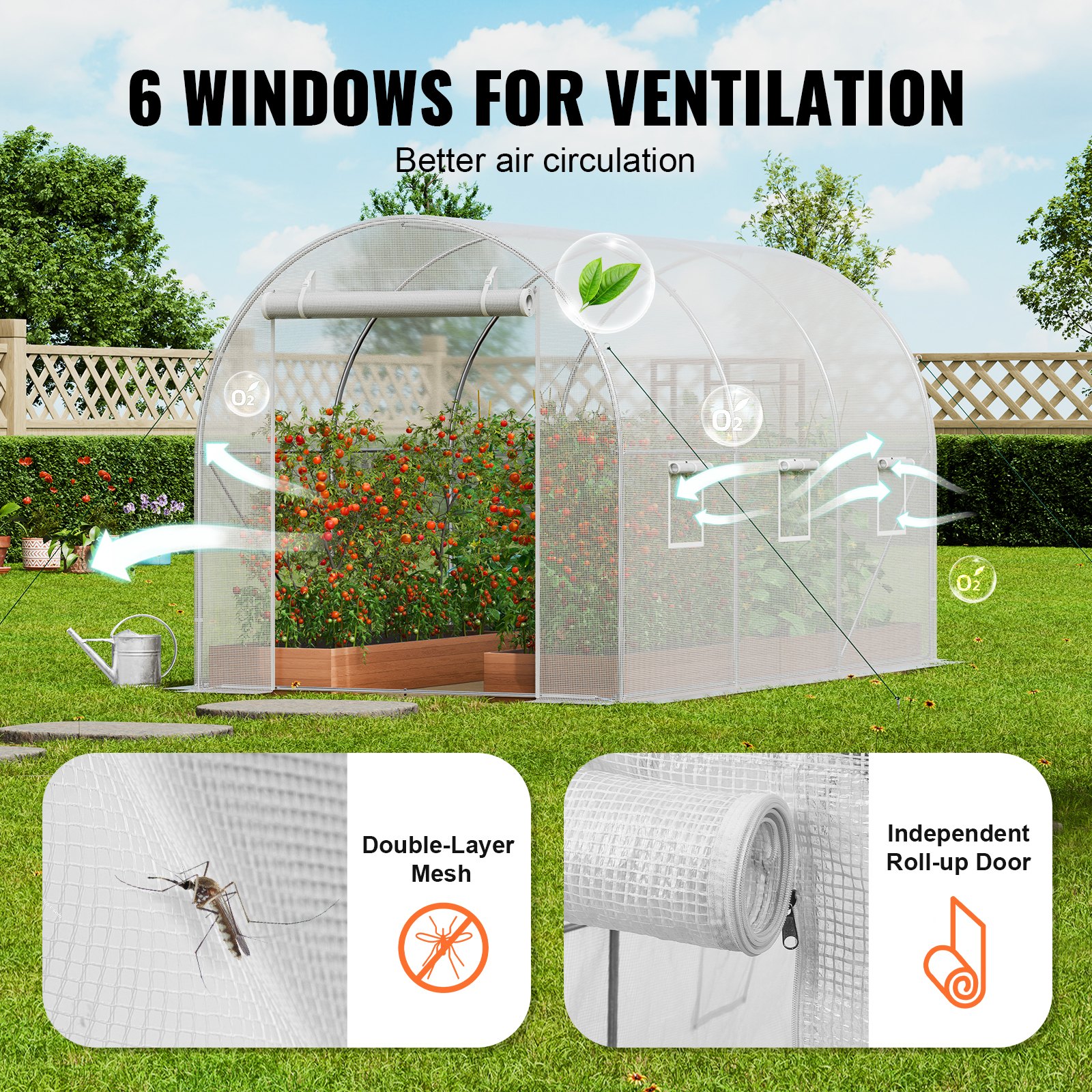 VEVOR Walk-in Tunnel Greenhouse, 9.6x6.4x6.2 ft Hoop House Greenhouse Tunnel, Plant Hot House with Galvanized Steel Frame, White PE Cover, Roll-up Zipper Door and 6 Windows for Outdoor
