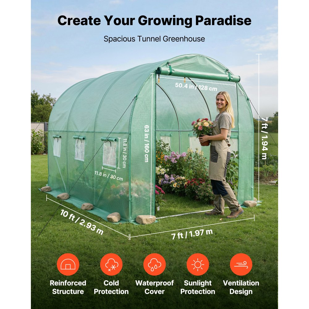 VEVOR Walk-in Tunnel Greenhouse, 2.93x1.97x1.94 m Hoop House Greenhouse Tunnel with Watering System, Plant Hot House with Steel Frame, PE Cover, Roll-Up Zipper Door and 6 Windows for Outdoors, Green