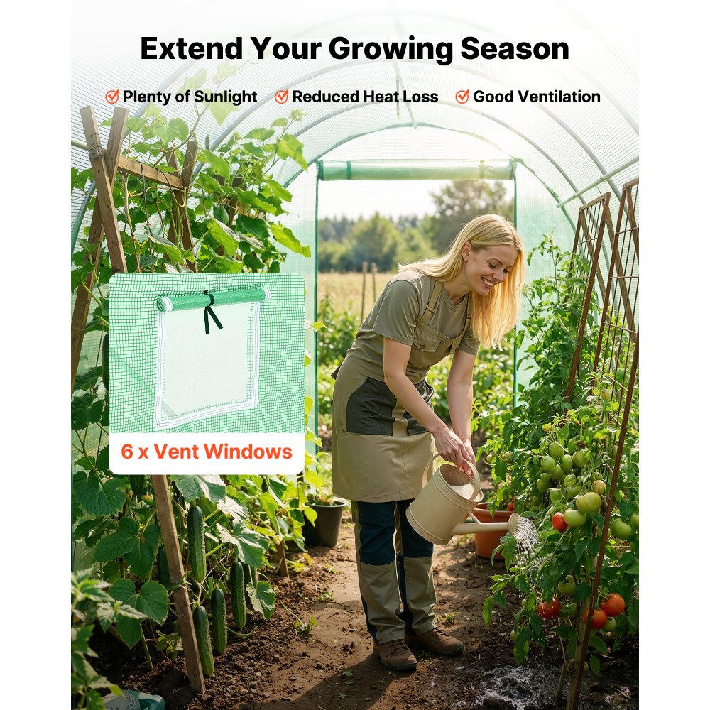 VEVOR Walk-in Tunnel Greenhouse, 2.93x1.97x1.94 m Hoop House Greenhouse Tunnel with Watering System, Plant Hot House with Steel Frame, PE Cover, Roll-Up Zipper Door and 6 Windows for Outdoors, Green