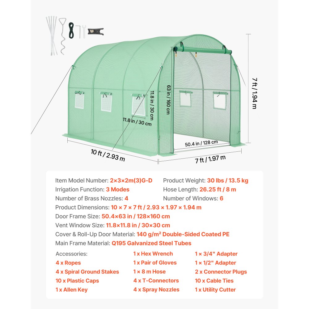 VEVOR Walk-in Tunnel Greenhouse, 2.93x1.97x1.94 m Hoop House Greenhouse Tunnel with Watering System, Plant Hot House with Steel Frame, PE Cover, Roll-Up Zipper Door and 6 Windows for Outdoors, Green