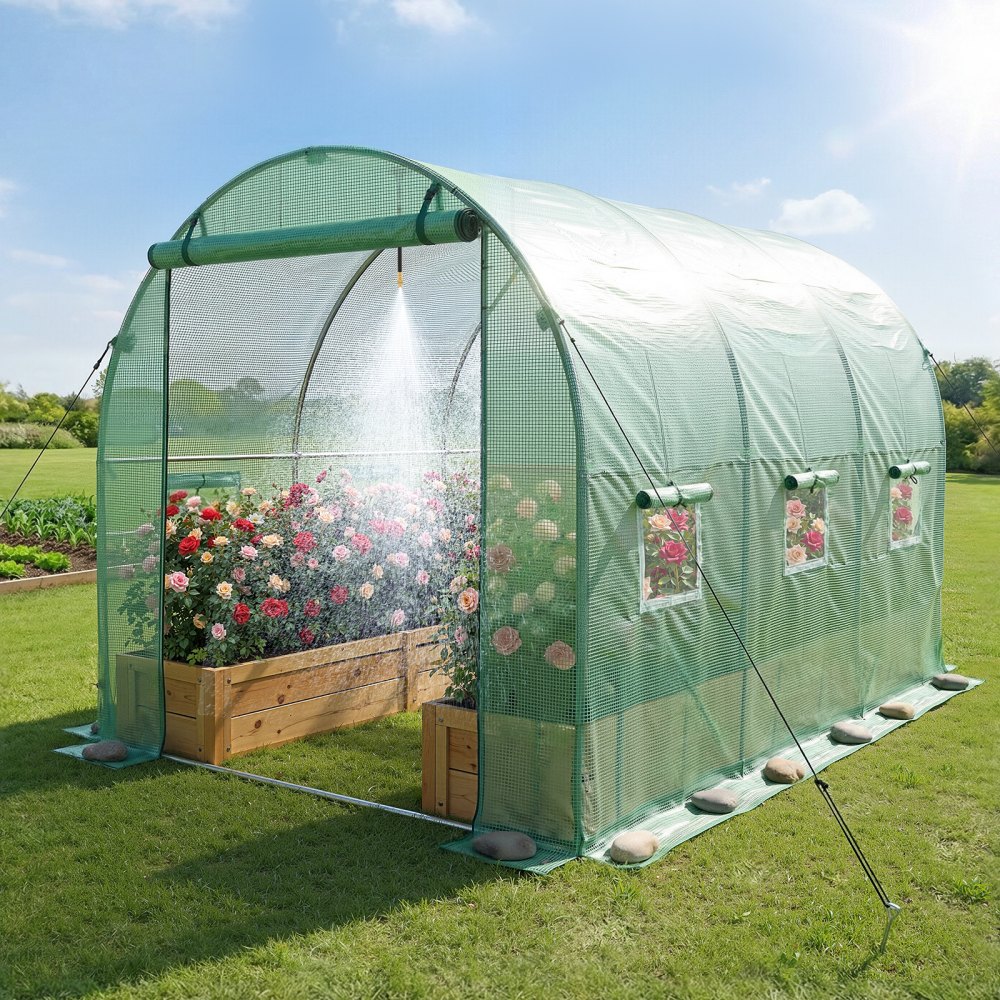 VEVOR Walk-in Tunnel Greenhouse, 2.93x1.97x1.94 m Hoop House Greenhouse Tunnel with Watering System, Plant Hot House with Steel Frame, PE Cover, Roll-Up Zipper Door and 6 Windows for Outdoors, Green