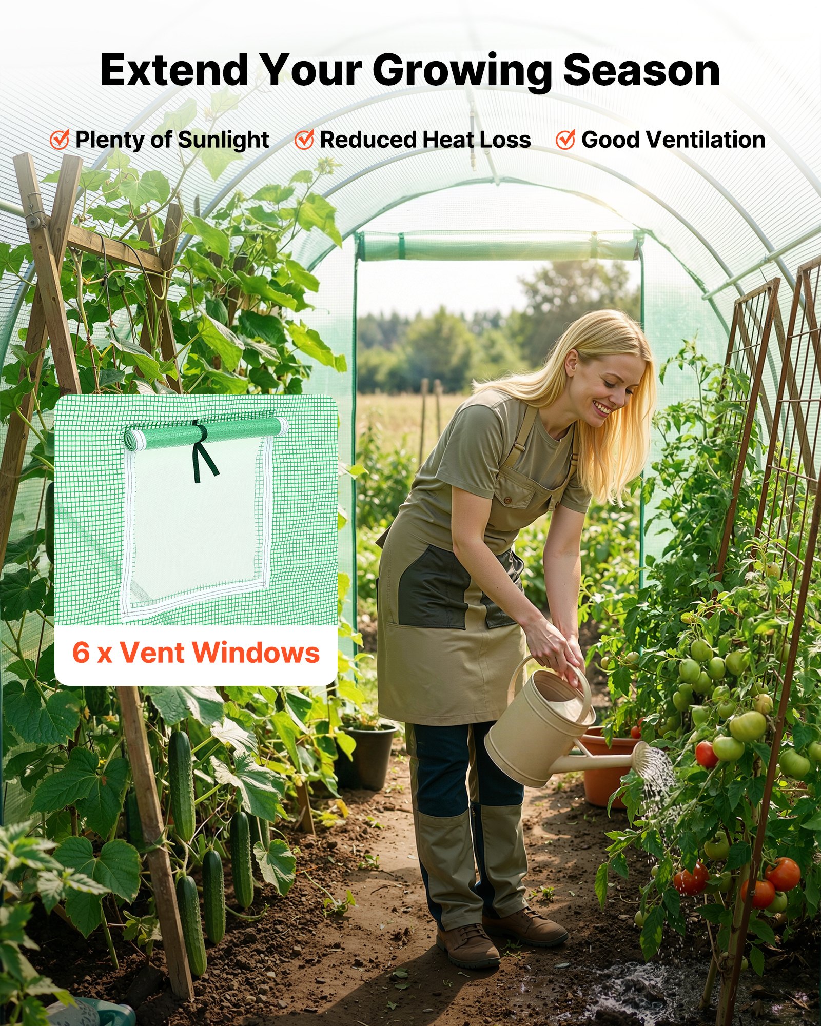 VEVOR Walk-in Tunnel Greenhouse, 2.93x1.97x1.94 m Hoop House Greenhouse Tunnel with Watering System, Plant Hot House with Steel Frame, PE Cover, Roll-Up Zipper Door and 6 Windows for Outdoors, Green