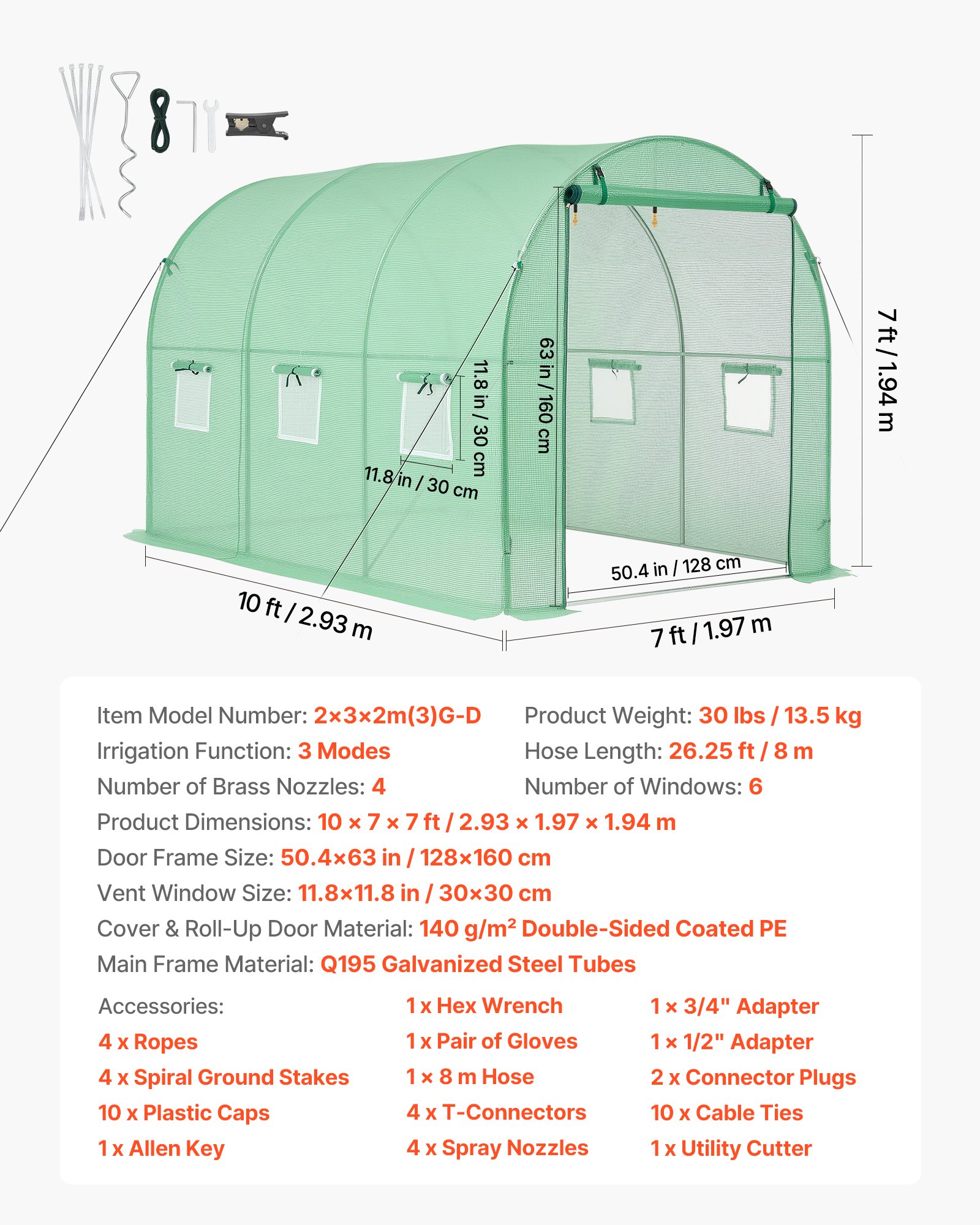 VEVOR Walk-in Tunnel Greenhouse, 2.93x1.97x1.94 m Hoop House Greenhouse Tunnel with Watering System, Plant Hot House with Steel Frame, PE Cover, Roll-Up Zipper Door and 6 Windows for Outdoors, Green