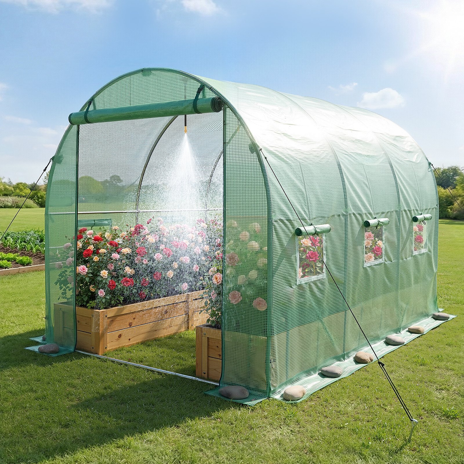 VEVOR Walk-in Tunnel Greenhouse, 2.93x1.97x1.94 m Hoop House Greenhouse Tunnel with Watering System, Plant Hot House with Steel Frame, PE Cover, Roll-Up Zipper Door and 6 Windows for Outdoors, Green